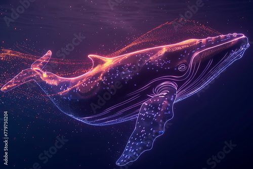 Glowing wireframe visualization of a majestic whale against a translucent background, evoking underwater serenity and awe