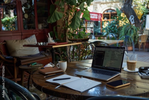 Hipster Cafe Workstation with Laptop and Notebooks