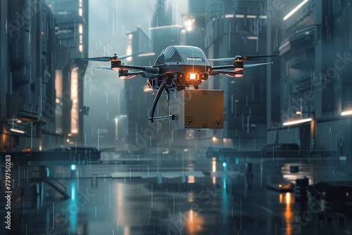 Futuristic Drone Transporting Goods in Urban Rain