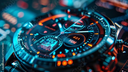 Futuristic Smartwatch Displaying Advanced Metrics. Macro shot of a state-of-the-art smartwatch face, showcasing detailed activity tracking and biometric data with a sleek, modern design. photo