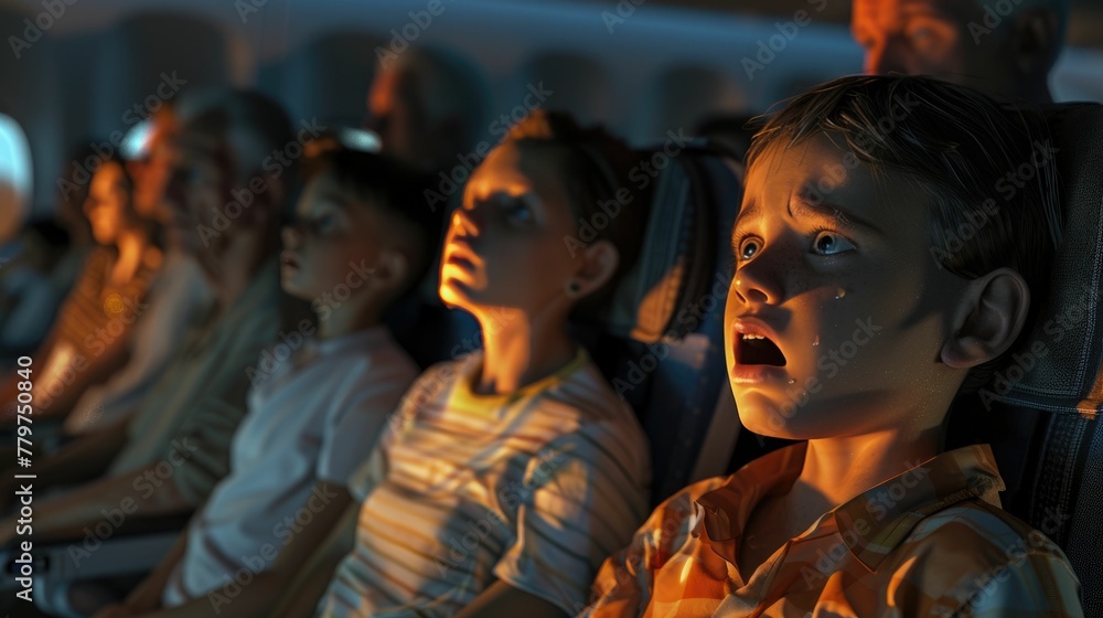 An illustration of a scared child on an airplane during a night flight, portraying anxiety and concern.