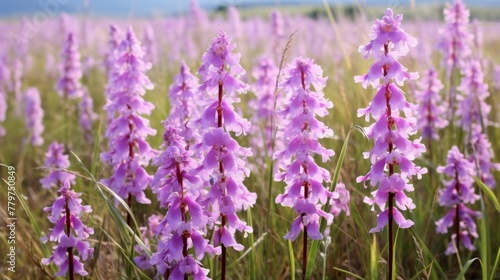 Picturesque meadow filled with blooming wild orchids