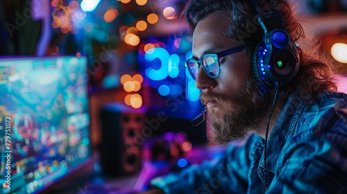 Gamer with Headset Playing on High-End PC. Intense gamer wearing a headset playing competitive video games on a high-end PC with colorful neon lighting. photo