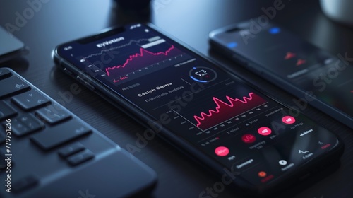 Analyzing Health Data on Smartphone Apps. Close-up of a smartphone displaying health monitoring apps with graphs and vital statistics on a dark surface.