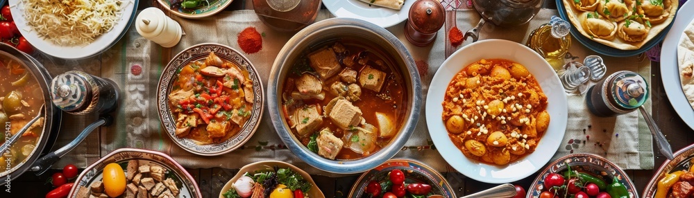 Generous spread of traditional dishes around a simmering pot Generous spread of traditional dishes around a simmering pot