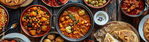Generous spread of traditional dishes around a simmering pot photo