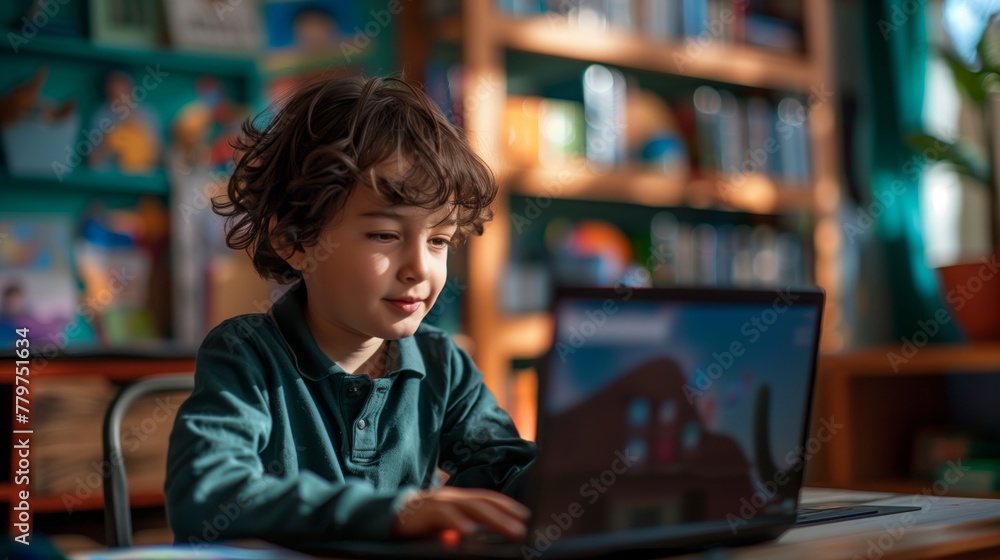 Child Interacting with Educational Software. Young child is focused on a laptop screen, using educational software in a colorful classroom environment. Child Interacting with Educational Software. Young child is focused on a laptop screen, using educational software in a colorful classroom environment.