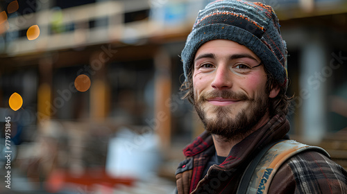 Confident construction worker posing at the building site. Portrait of a smiling contractor with a beard in work attire. Construction industry and manual labor concept for design and print