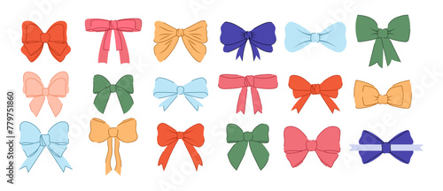 Set of bows of different colors in hand drawn style. One line. Line art. Set for decorations and holidays. Vector illustration. Isolated. White background. Celebration and anniversary. Knots. Tie