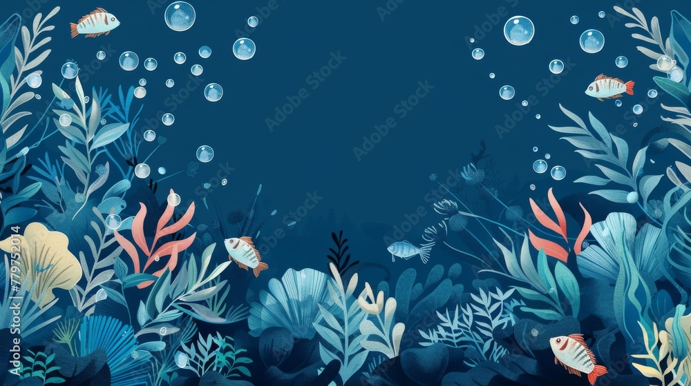 Vibrant underwater scene with various stylized plants and fish, set against a dark blue background with bubbles