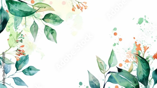 Watercolor foliage and red flowers border on a soft background. Greenery frame design concept with copy space for wedding invitations. Botanical illustration with a splash of color.