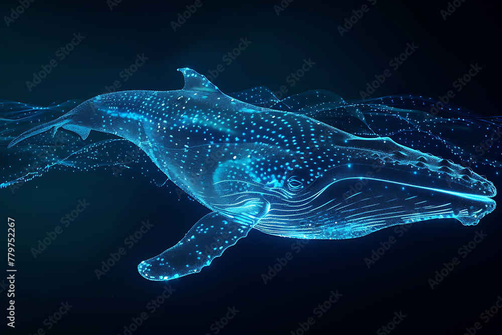 Glowing wireframe visualization of a majestic whale against a translucent background, evoking underwater serenity and awe Glowing wireframe visualization of a majestic whale against a translucent background, evoking underwater serenity and awe