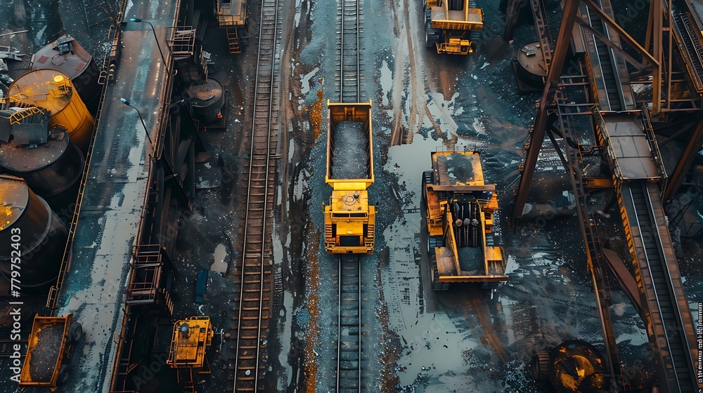 Mining trucks carrying coal and mining products are parked at the mine