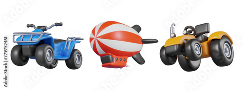 Blue ATV, striped airship, yellow tractor. Set of vehicles for work, travel, entertainment, sports