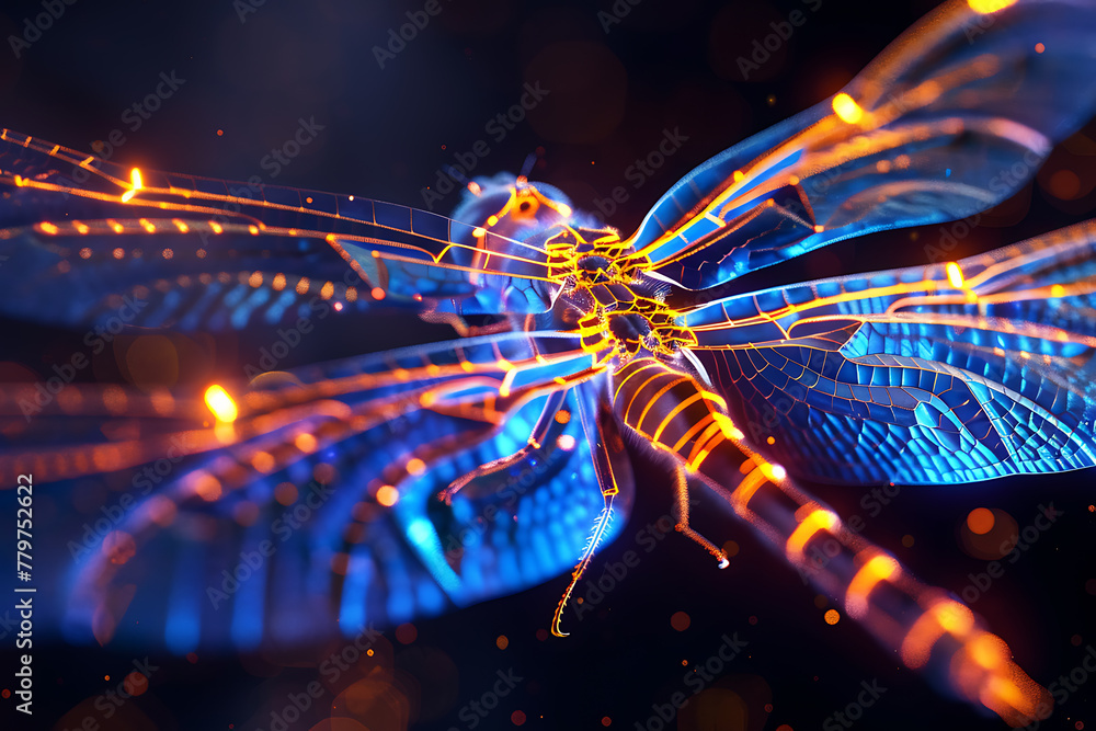 Glowing wireframe visualization of a graceful dragonfly against a translucent backdrop, showcasing intricate beauty and ethereal char Glowing wireframe visualization of a graceful dragonfly against a translucent backdrop, showcasing intricate beauty and ethereal char