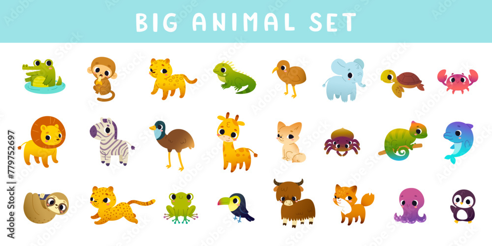 Fototapeta premium Big set of cute cartoon animals. Vector collection of adorable wild baby animals. Funny mammals bundle.