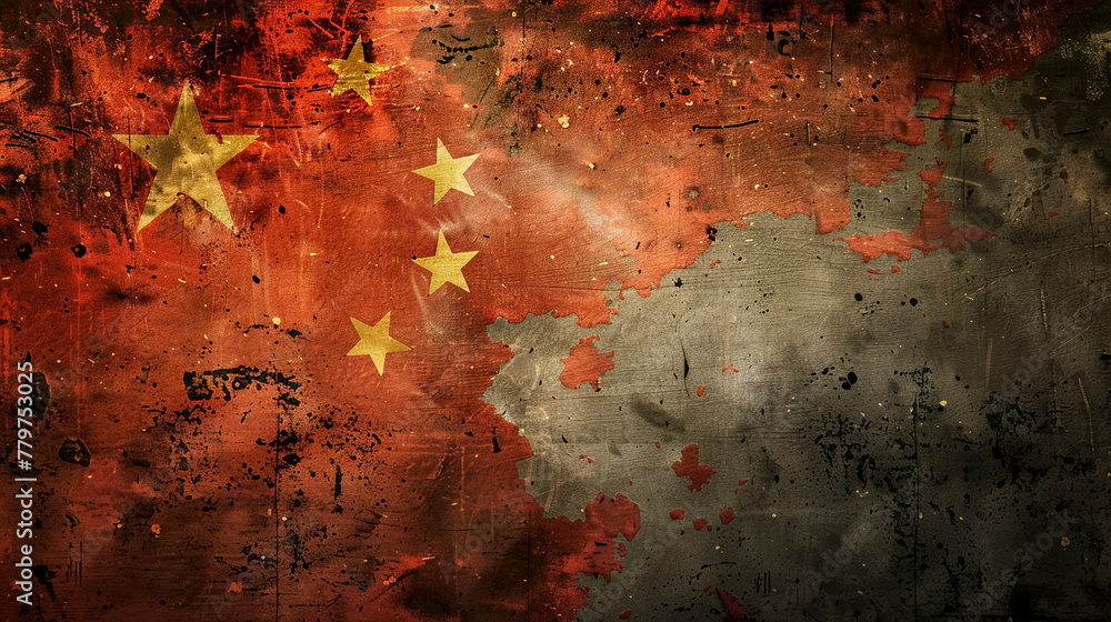Chinese flag and stars, vintage style, faded - obrazy, fototapety, plakaty 