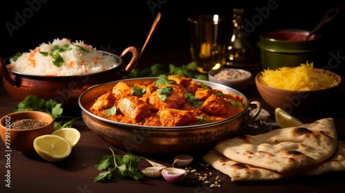 A still life with butter chicken, naan, and biryani as a North Indian dinner © stocksbyrs