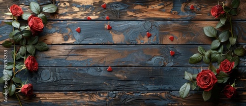 A banner with red roses and Valentine hearts is displayed on a rustic wooden plank background. The design is flat and copy space is provided. photo