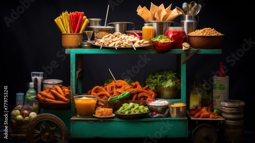 Composition showcasing assorted snacks on an Indian street food cart
