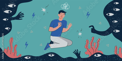 Paranoia schizophrenia mental illness abstract horizontal banner. Human psychosis thinking and anxiety attack or fear emotion. Paranoid mind health issues. Psychology disease inner voices eps poster