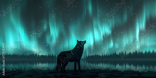 Lone Wolf Silhouetted Against the Enchanting Northern Lights a Captivating Fusion of Wildlife and Natural Splendor