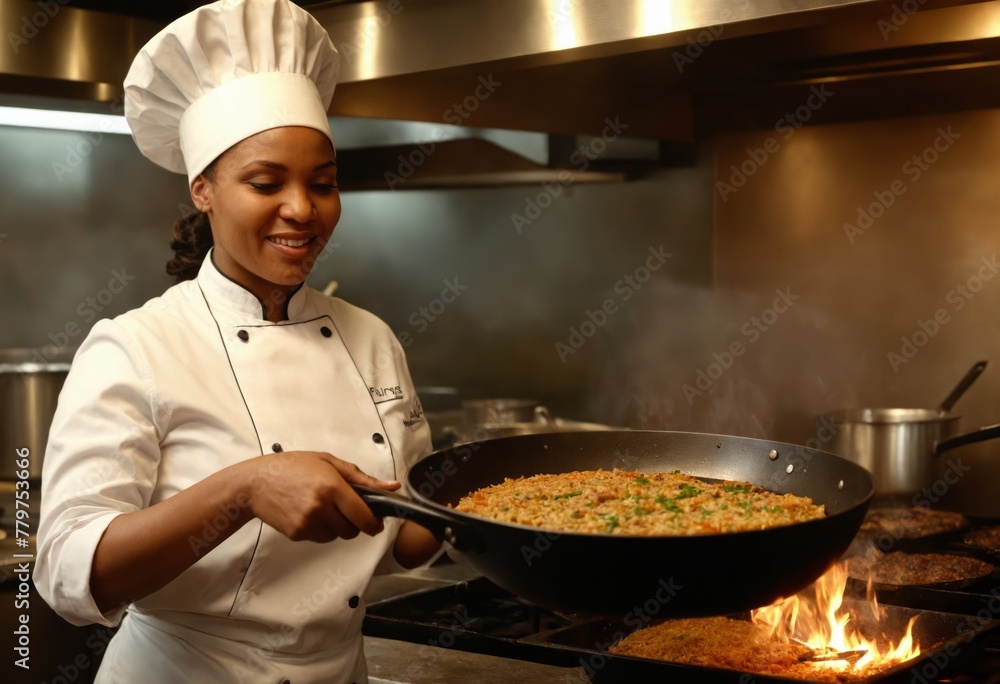 Happy black female chef preparing food in a pan in a restaurant kitchen Happy black female chef preparing food in a pan in a restaurant kitchen