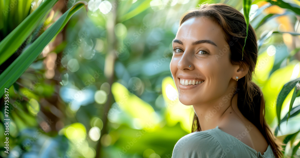 A happy and smiling woman can be seen in the botanical garden, looking at the camera with a warm and friendly smile.
A happy and smiling woman can be seen in the botanical garden, looking at the camera with a warm and friendly smile.