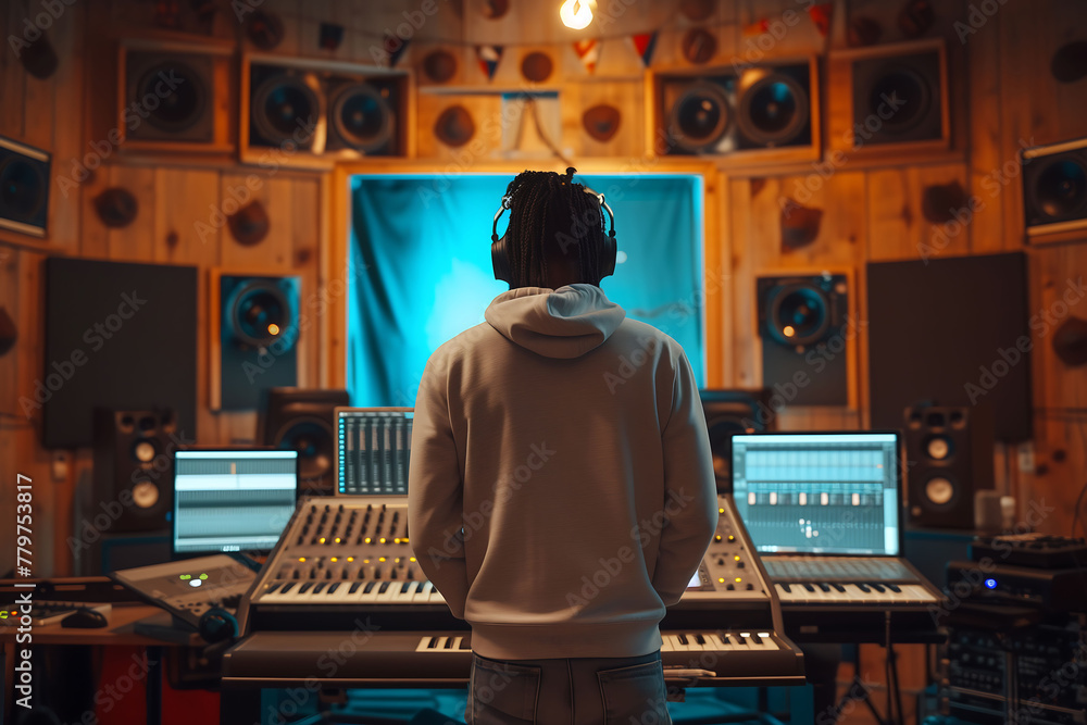 young boy is a sound studio editing a recording. young boy is a sound studio editing a recording.