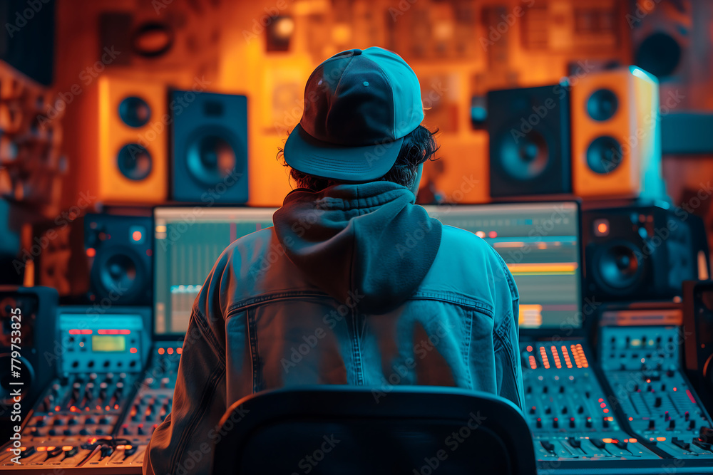 young boy is a sound studio editing a recording. young boy is a sound studio editing a recording.