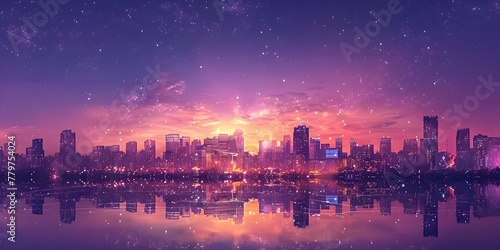 Ethereal Twilight Cityscape Reflected in Serene Waters Vibrant Lights Illuminating the Skyline