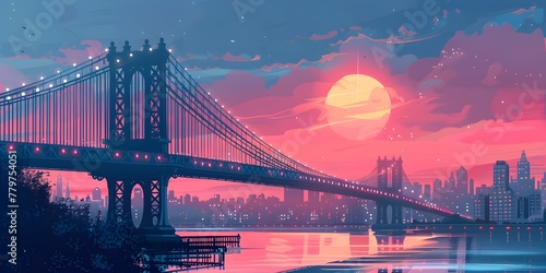 Iconic Bridge of a City Bathed in Vibrant Sunset Hues a Symbolic Connection and Engineering © Thares2020