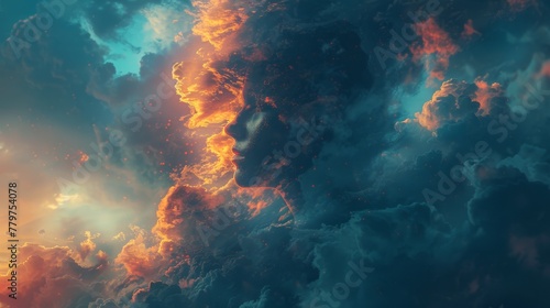 Abstract musings: Surreal background illustration of a head obscured by abstract cloud formations, inviting viewers to explore the depths of the subconscious mind. photo
