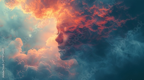 Abstract musings: Surreal background illustration of a head obscured by abstract cloud formations, inviting viewers to explore the depths of the subconscious mind. photo