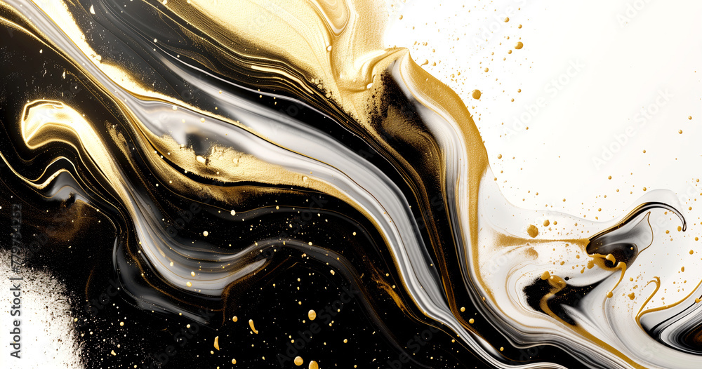 The texture of gold paint is mixed with black acrylic swirls on a white background.
