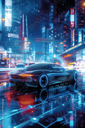 High-tech sports car speeding through futuristic cityscape at night. Advanced automotive design and urban lifestyle concept. Design for futuristic transportation content, banner. Digital illustration
