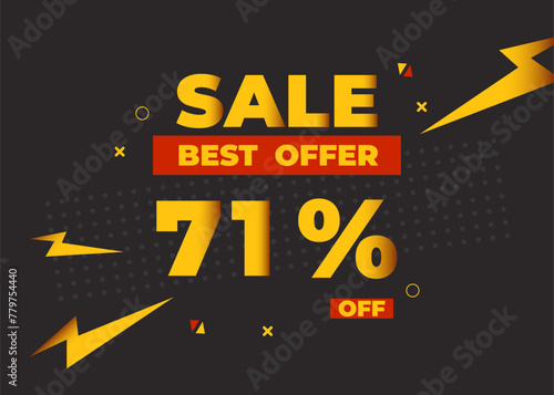 71% off sale best offer. Sale banner with seventy one percent of discount, coupon or voucher vector illustration. Yellow and red template for campaign or promotion. photo