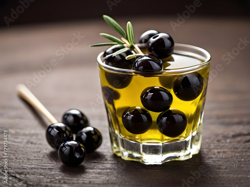 Delicious black olives. Pickled olives in glass.