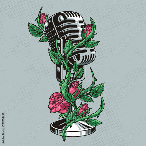 Microphone with flowers label colorful © DGIM studio