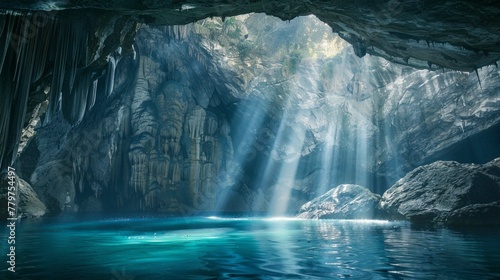  the intricate details of the cave's ceiling where the natural light filters through, illuminating the water below