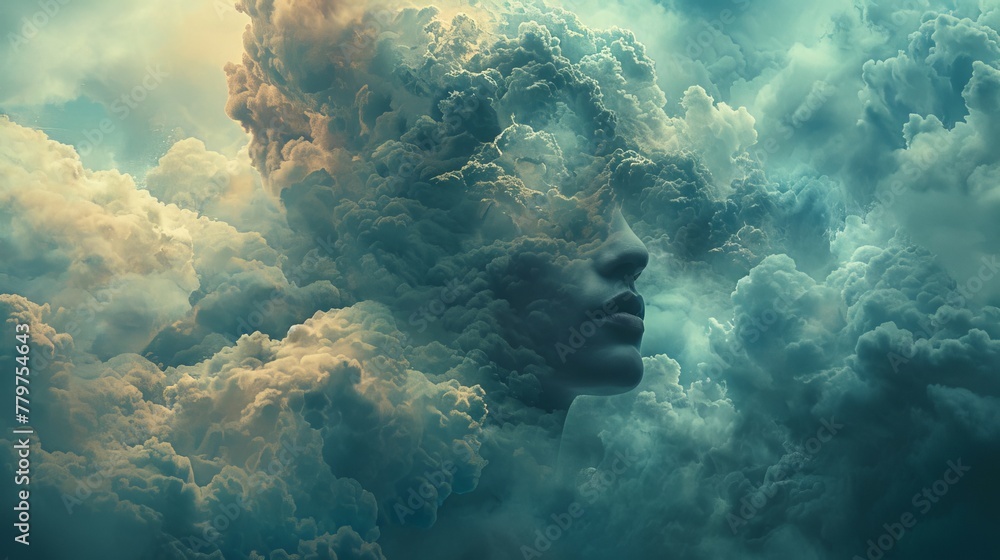 Infinite possibilities: Surreal artwork featuring a head disappearing into an endless expanse of clouds, symbolizing the vast potential of creative thought. - obrazy, fototapety, plakaty 