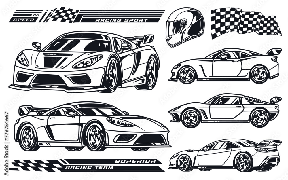 Fototapeta premium Motorsport racing set labels monochrome
