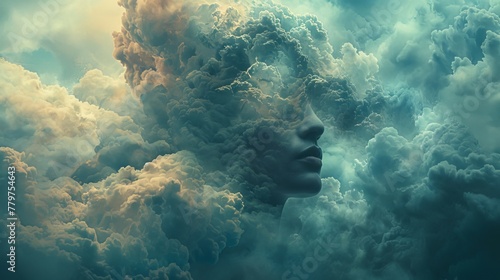 Infinite possibilities: Surreal artwork featuring a head disappearing into an endless expanse of clouds, symbolizing the vast potential of creative thought. photo