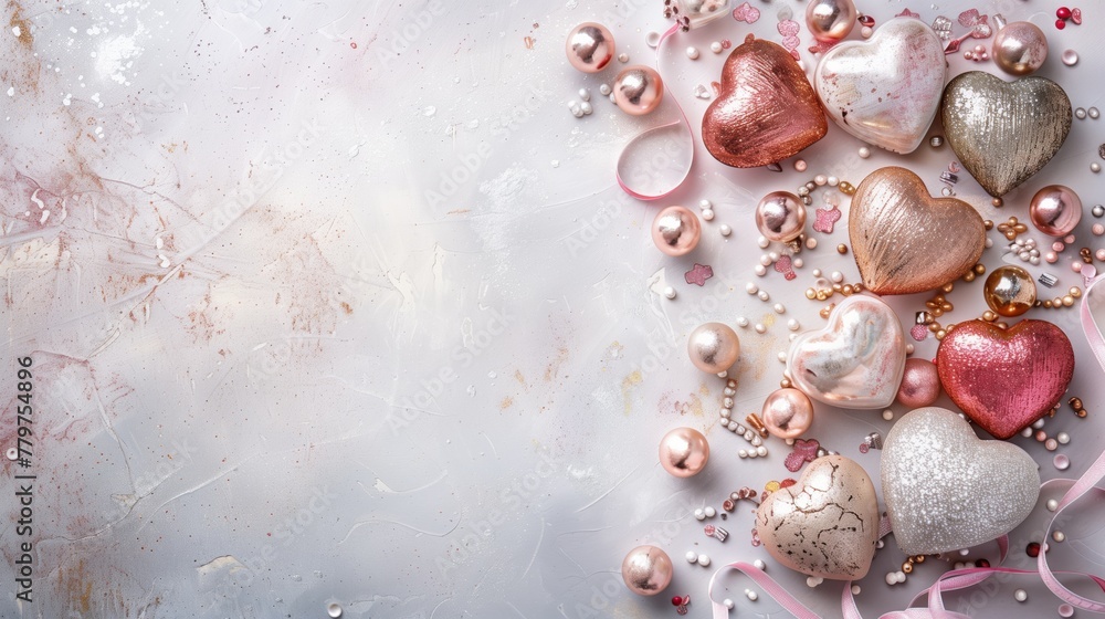 Obraz premium Assorted decorative hearts and pearls on a textured background