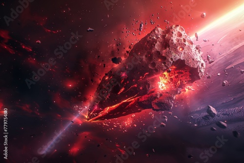 Red asteroid flying in space broken into piecesand
