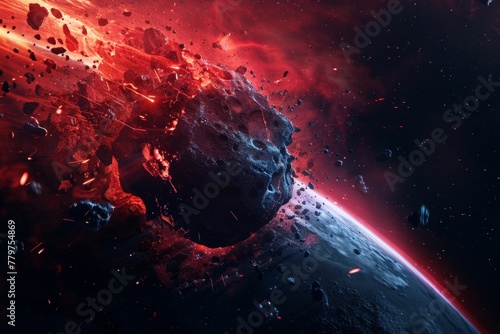 Red asteroid flying in space broken into piecesand