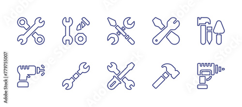 Tools line icon set. Editable stroke. Vector illustration. Containing wrench, hammer, repair, drill, hand drill, technical support, equipment, work tools, tools.