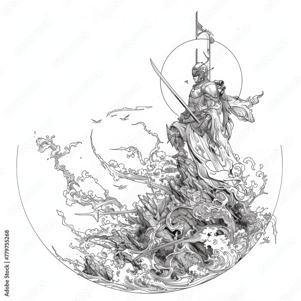 Minimalist line art of a heroic narrative or legendary scene tattoo design Minimalist line art of a heroic narrative or legendary scene tattoo design