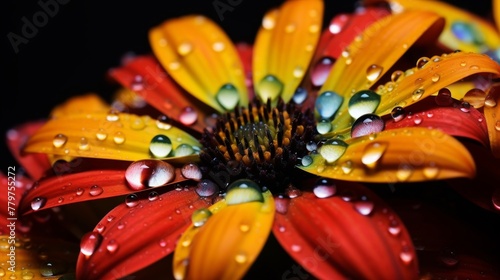 The beauty of water droplets on a flower petal in close up  showing the details and variations of the colors and reflections
