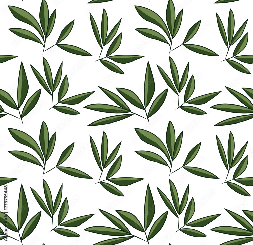 Sharp dark green leaves on a branch. Natural seamless pattern in vector. Suitable for backgrounds and fabric prints